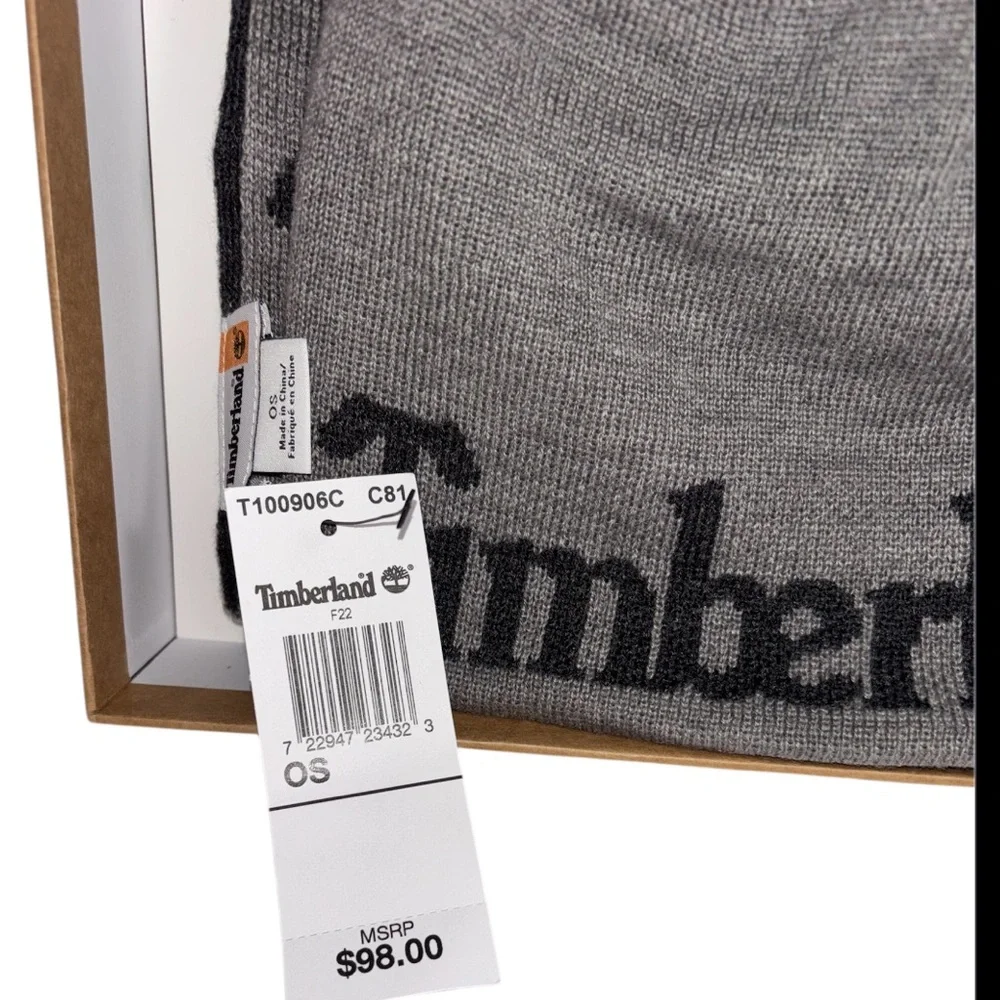 Timberland Men’s Scarf and Beanie Hat Set Gray with Black Name and Logo Print